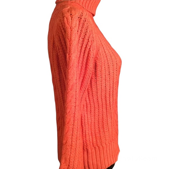 EDDIE BAUER coral coloured chunky cable knit turtleneck angora blend sweater - Picture 2 of 14